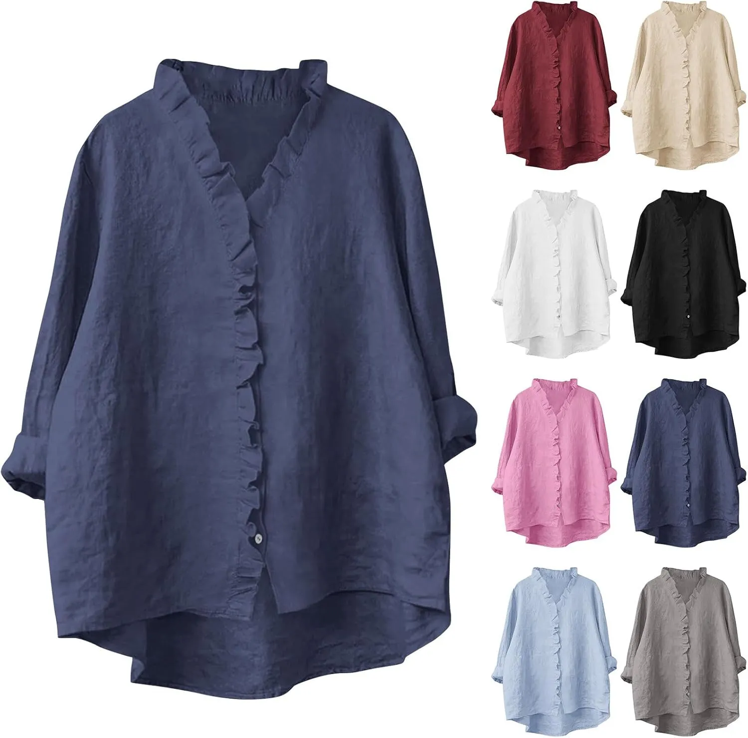 HGps8w 3/4 Sleeve Linen Shirts for Women 2025 Summer Ruffle V Neck Leisure Tops Loose Casual Tunic Tees Blouses