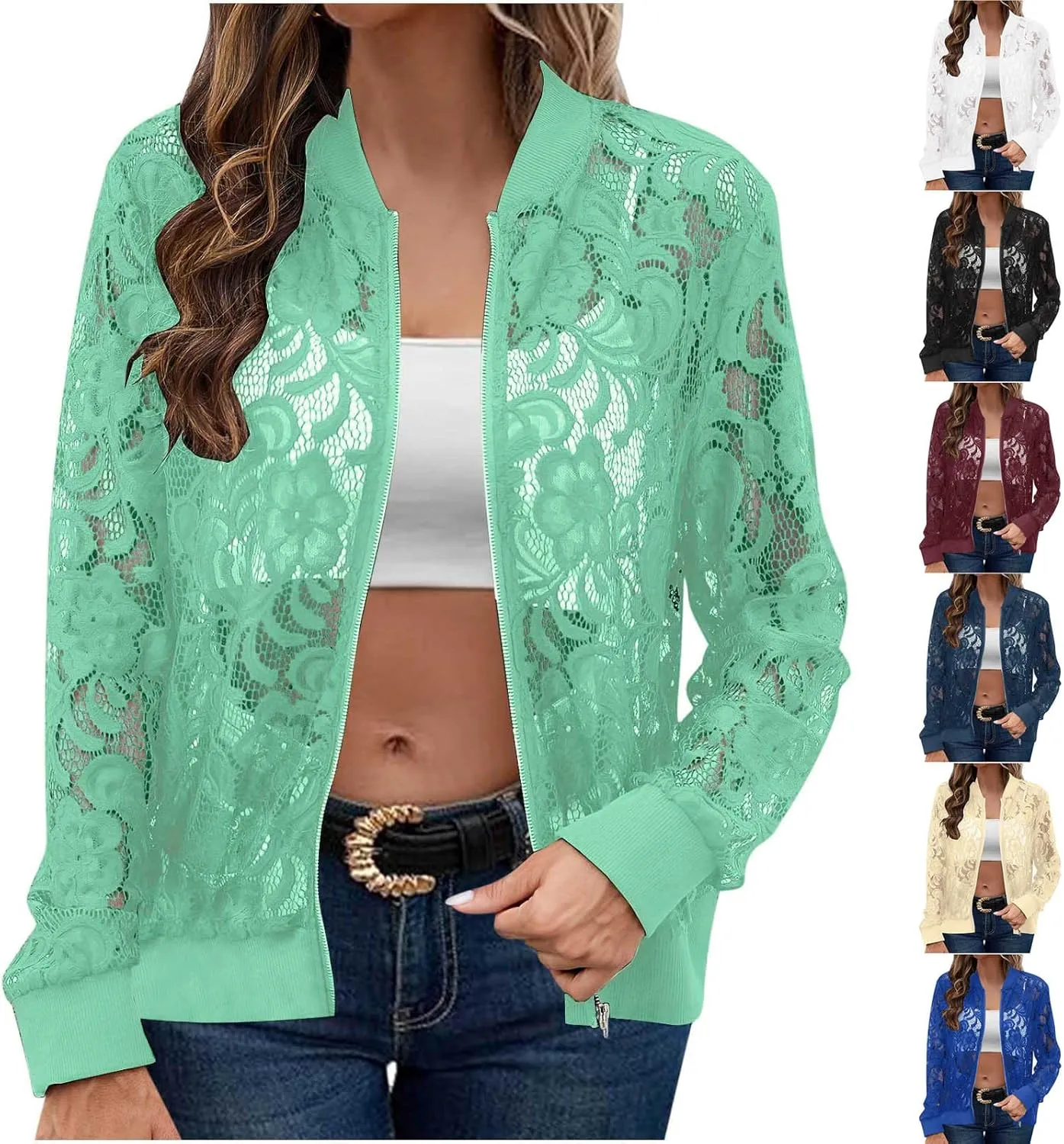 HGps8w Floral Lace Jackets for Women's Stand Collar Zip Up Mesh Sheer Baseball Jacket