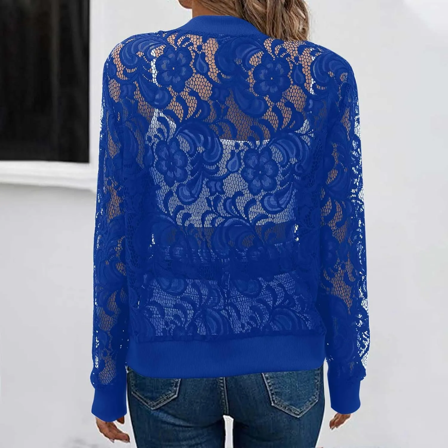 HGps8w Floral Lace Jackets for Women's Stand Collar Zip Up Mesh Sheer Baseball Jacket