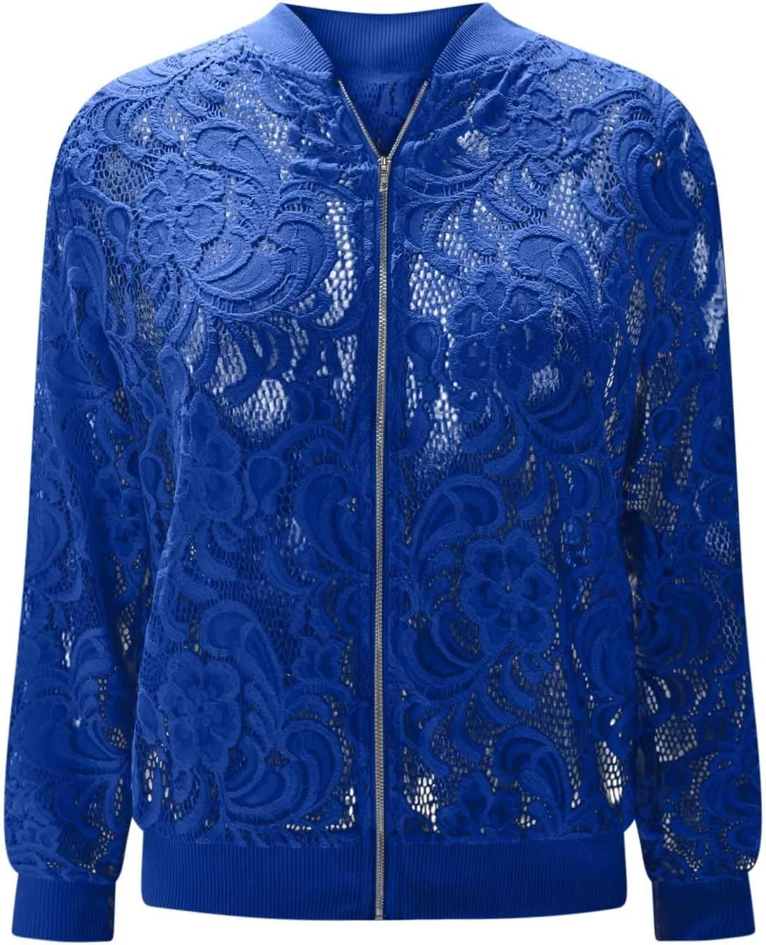 HGps8w Floral Lace Jackets for Women's Stand Collar Zip Up Mesh Sheer Baseball Jacket
