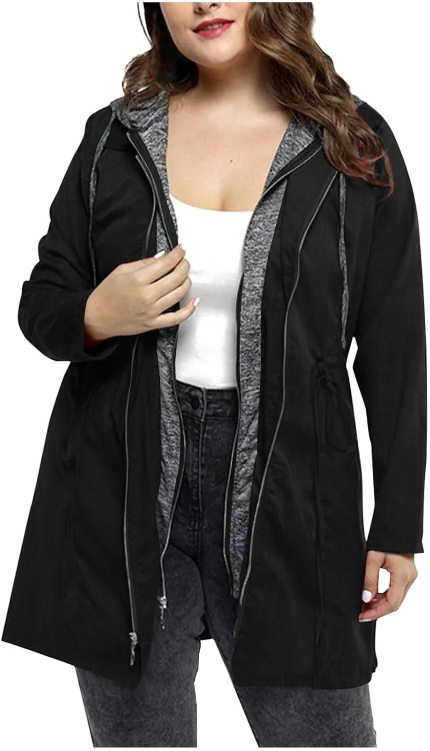 HGps8w Plus Size Hooded Outerwear Jacket for Women Fake-Two Pieces Full Zip Up Windbreaker Outdoor Trench Coat with Pockets