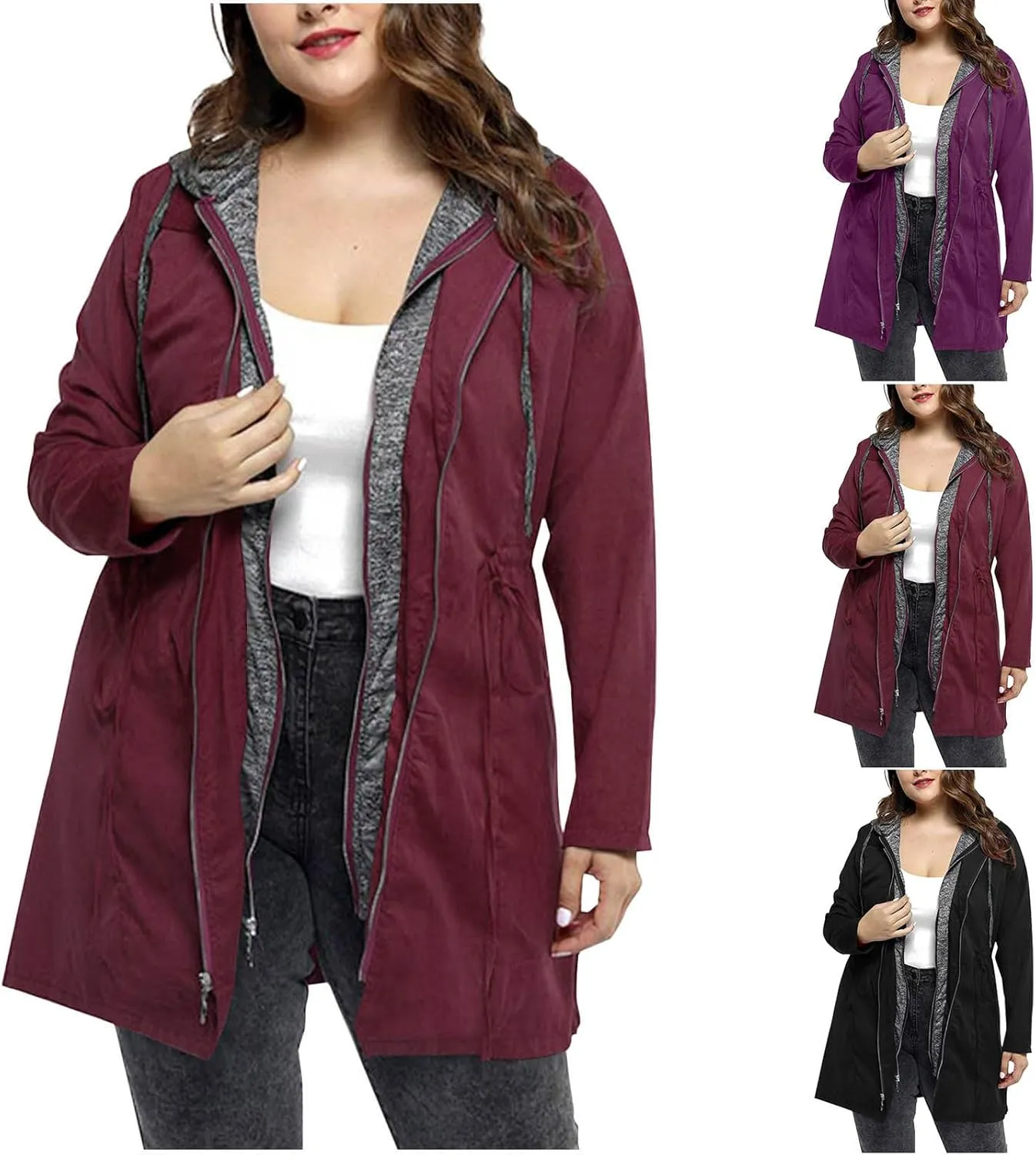 HGps8w Plus Size Hooded Outerwear Jacket for Women Fake-Two Pieces Full Zip Up Windbreaker Outdoor Trench Coat with Pockets