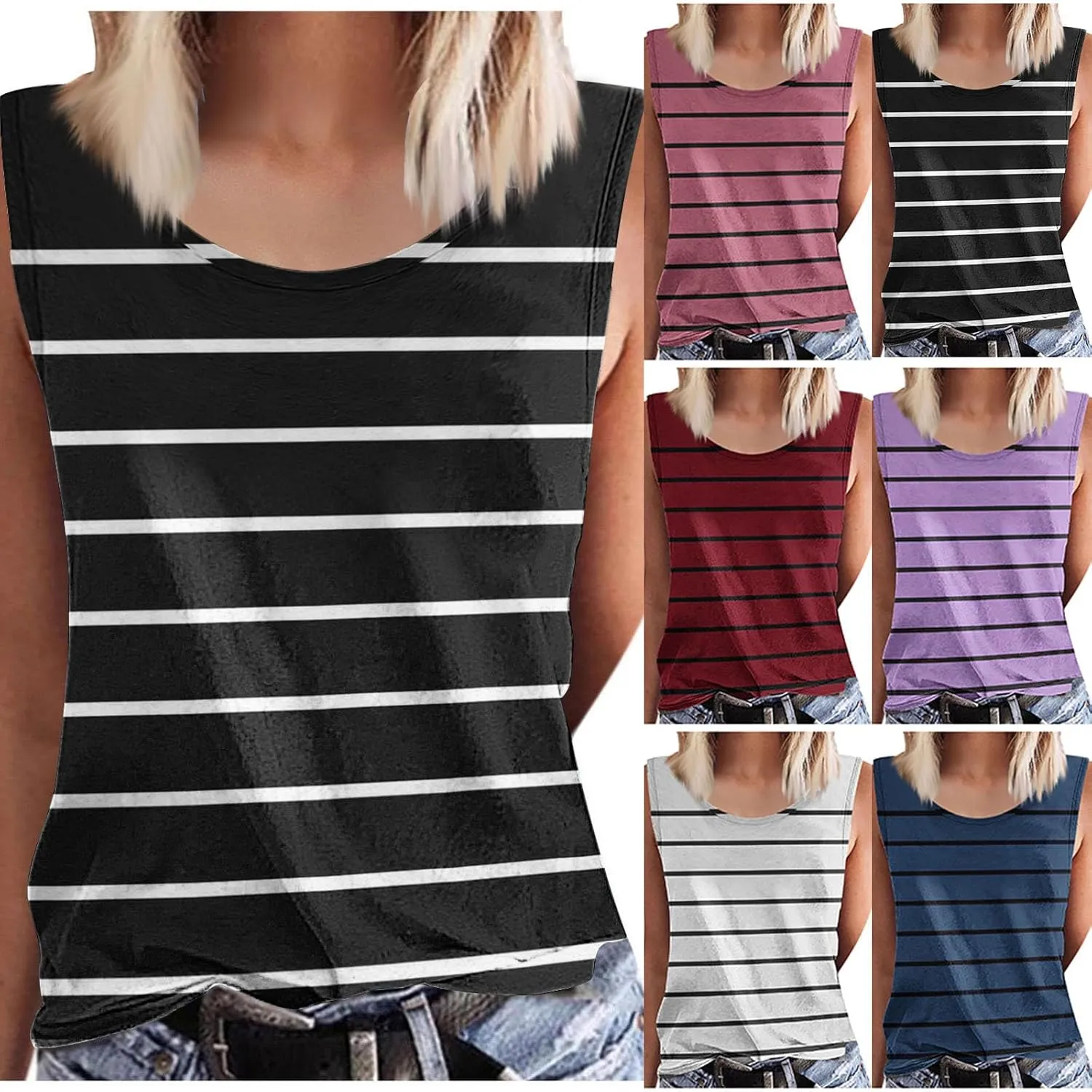 HGps8w Plus Size Women's Casual Striped Tank Tops Trendy 2025 Summer Sleeveless Tunic Tee Shirts Loose Crewneck Blouse