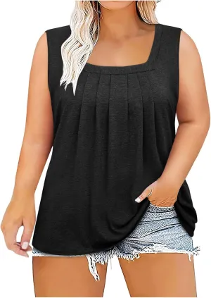HGps8w Plus Size Womens Square Neck Pleated Tank Tops Summer Loose Sleeveless Blouses Casual Ladies Tunic T-Shirts