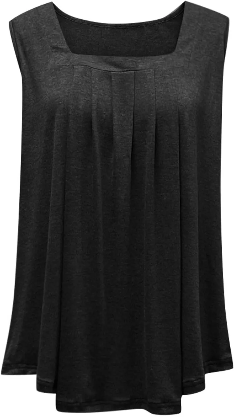 HGps8w Plus Size Womens Square Neck Pleated Tank Tops Summer Loose Sleeveless Blouses Casual Ladies Tunic T-Shirts