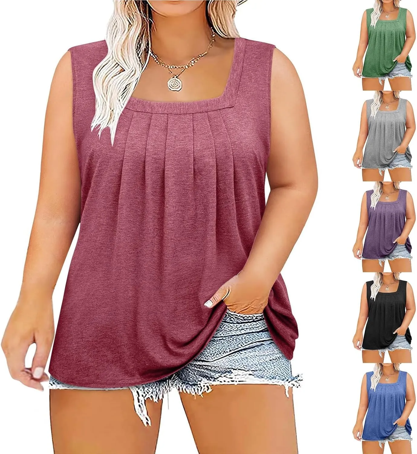 HGps8w Plus Size Womens Square Neck Pleated Tank Tops Summer Loose Sleeveless Blouses Casual Ladies Tunic T-Shirts