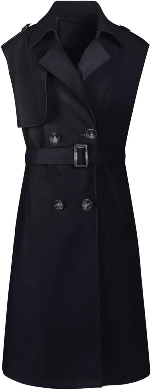 HGps8w Women's Chic Sleeveless Long Trench Coats Classic Lapel Double Breasted Mid-Length Belted Overcoat Dress Jacket
