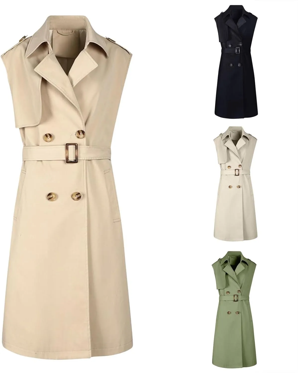 HGps8w Women's Chic Sleeveless Long Trench Coats Classic Lapel Double Breasted Mid-Length Belted Overcoat Dress Jacket