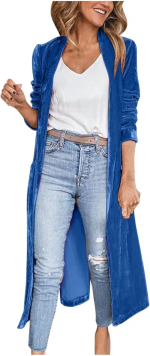 HGps8w Women's Long Velvet Jacket Trendy Velour Lapel Cardigan Vintage Open Front Duster Outerwear Trench Coats