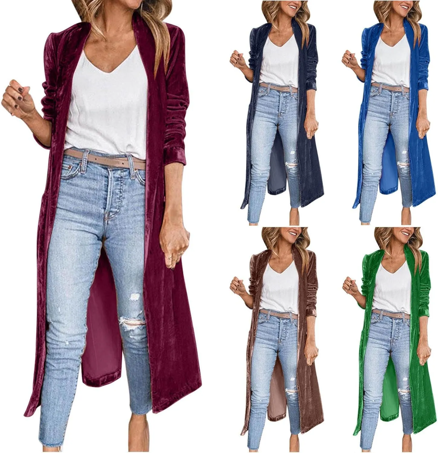 HGps8w Women's Long Velvet Jacket Trendy Velour Lapel Cardigan Vintage Open Front Duster Outerwear Trench Coats