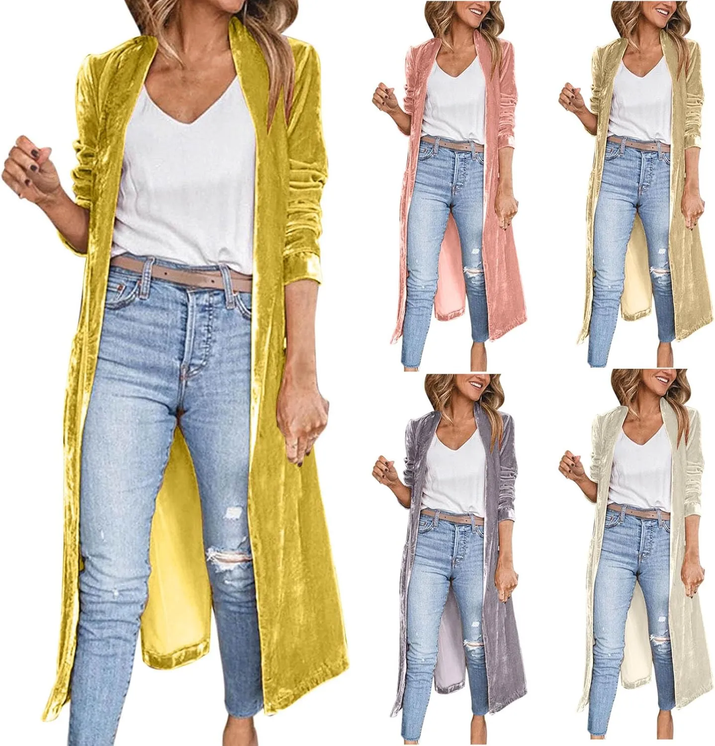 HGps8w Women's Long Velvet Jacket Trendy Velour Lapel Cardigan Vintage Open Front Duster Outerwear Trench Coats