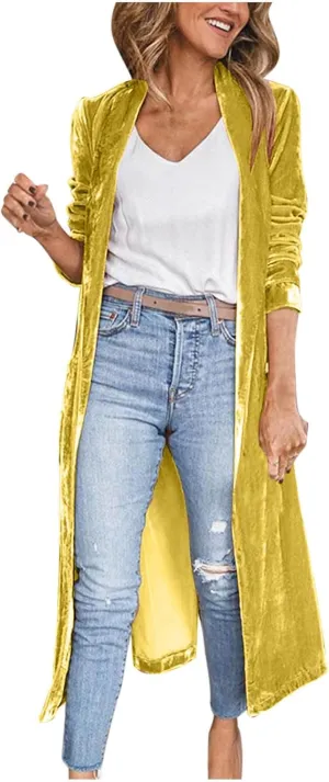 HGps8w Women's Long Velvet Jacket Trendy Velour Lapel Cardigan Vintage Open Front Duster Outerwear Trench Coats