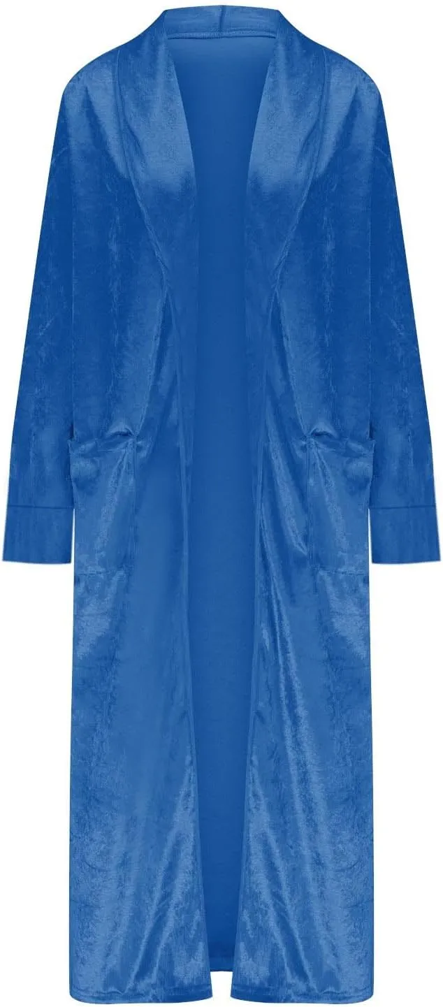 HGps8w Women's Long Velvet Jacket Trendy Velour Lapel Cardigan Vintage Open Front Duster Outerwear Trench Coats