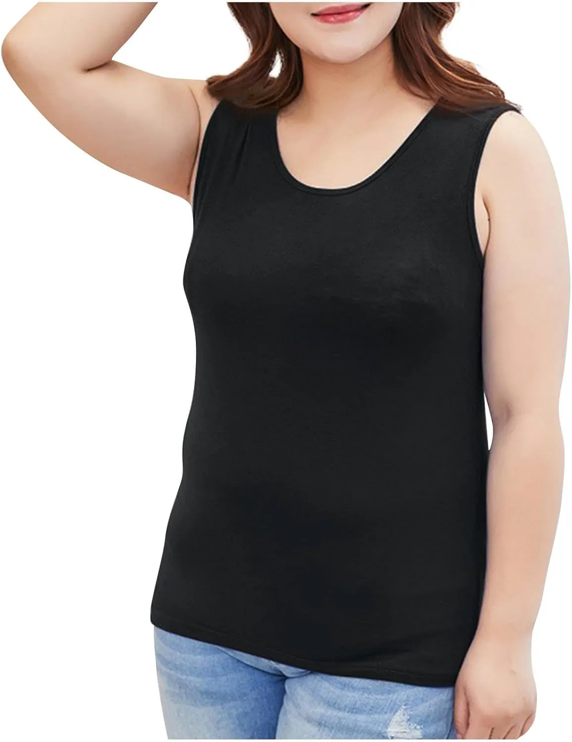 HGps8w Women's Plus Size Tank Tops Crew Neck Sleeveless Basic Solid Casual Camisole Shirts