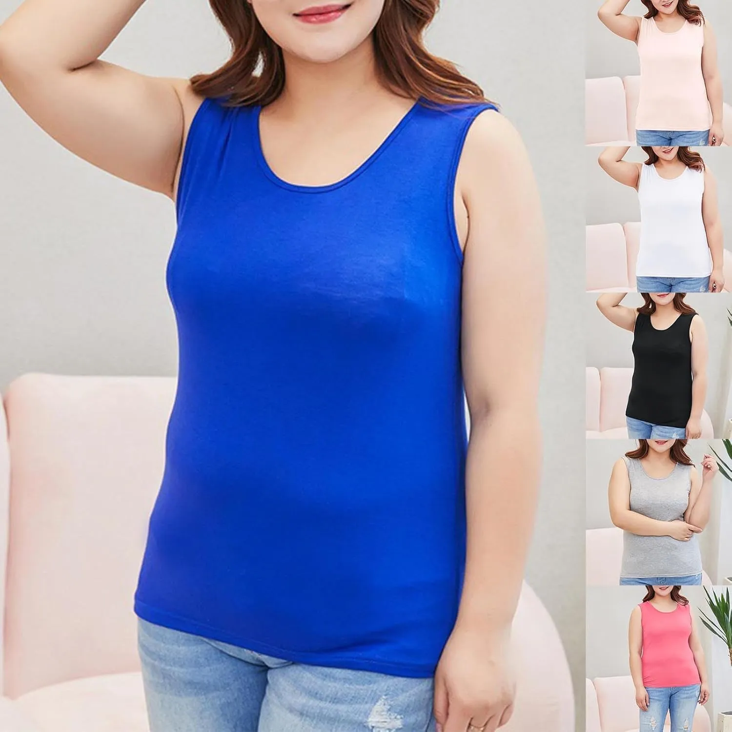 HGps8w Women's Plus Size Tank Tops Crew Neck Sleeveless Basic Solid Casual Camisole Shirts