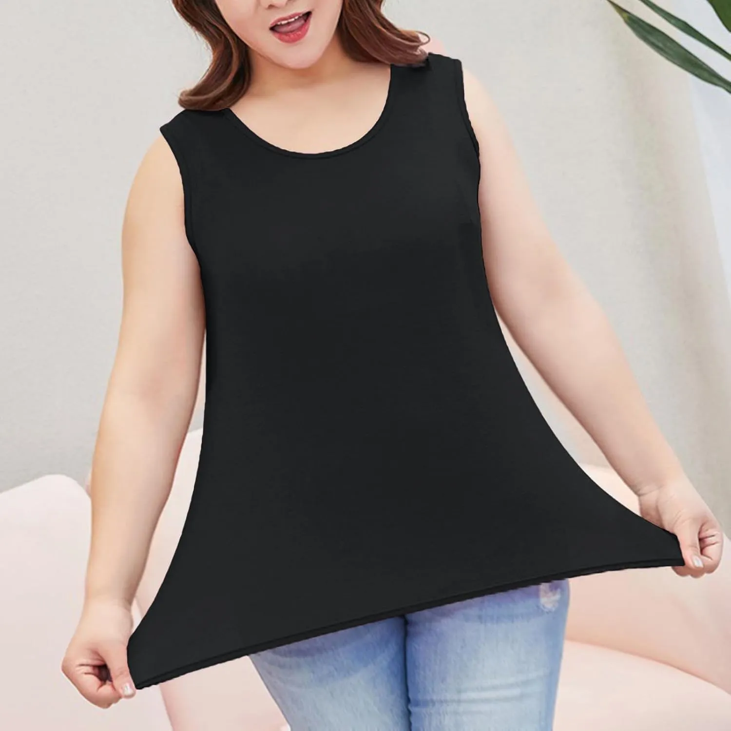 HGps8w Women's Plus Size Tank Tops Crew Neck Sleeveless Basic Solid Casual Camisole Shirts