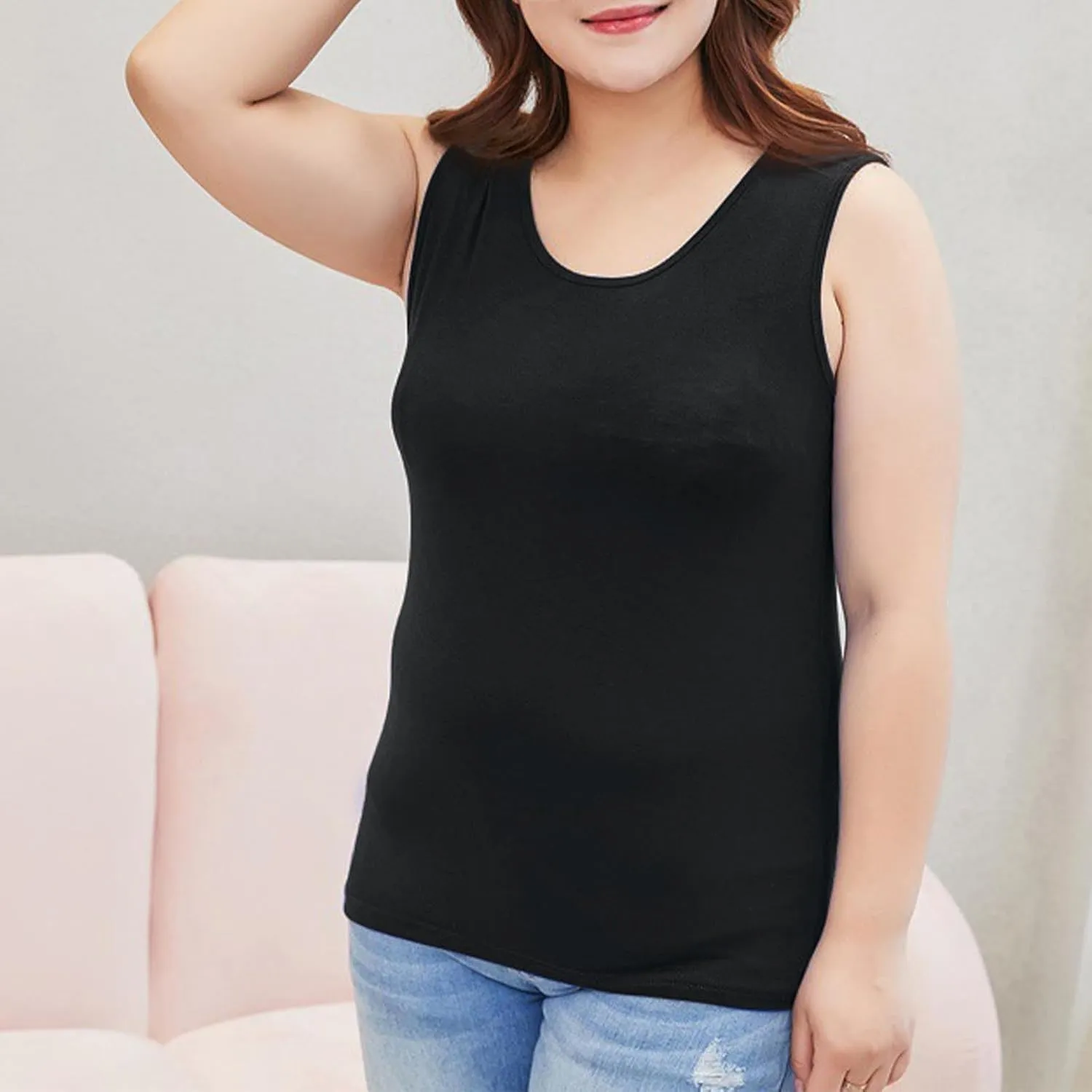 HGps8w Women's Plus Size Tank Tops Crew Neck Sleeveless Basic Solid Casual Camisole Shirts