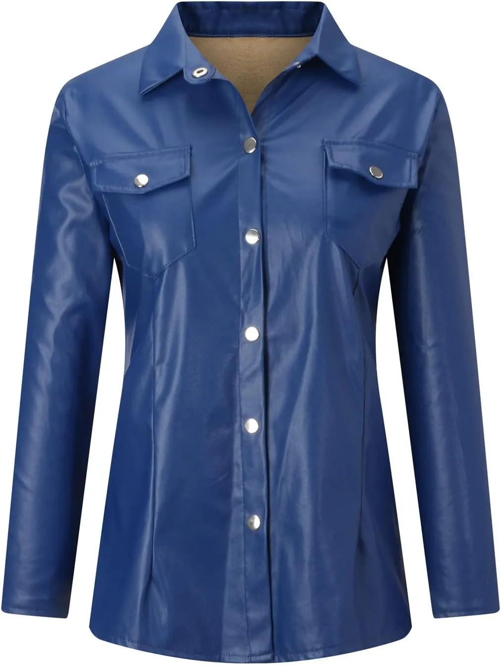 HGps8w Womens Sexy PU Faux Leather Button Down Shirts Slim Fitted Long Sleeve V Neck Blouses Tops with Pocket