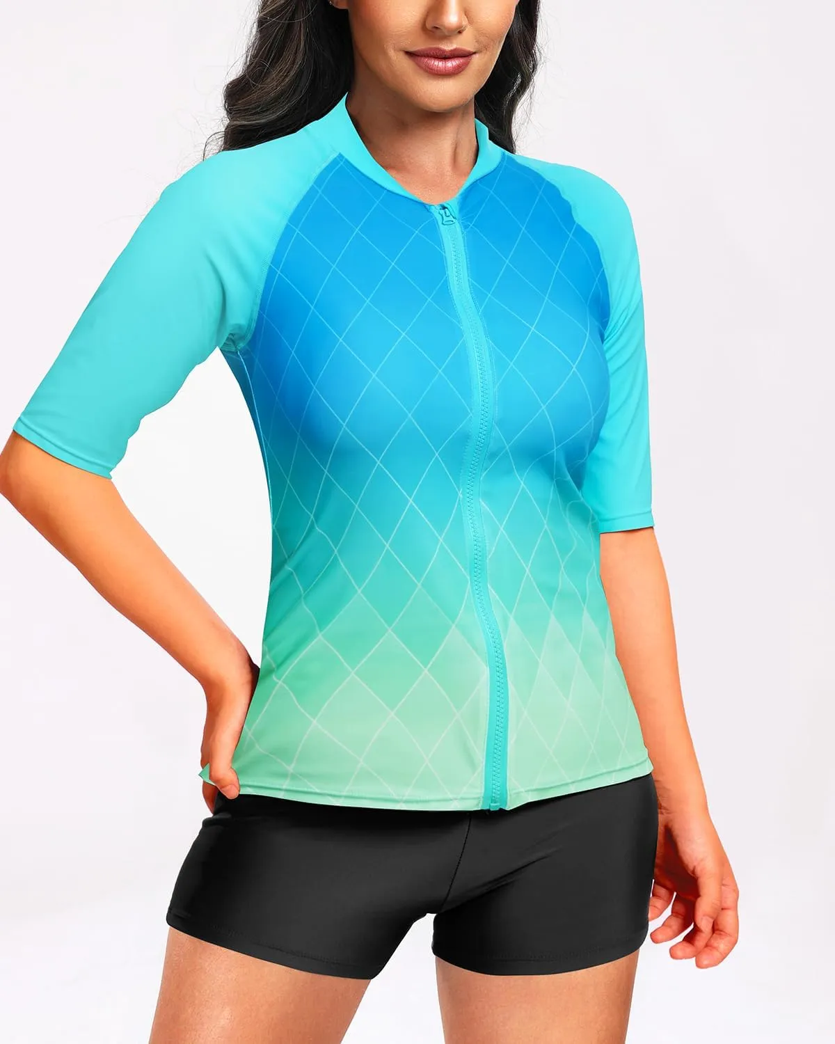 Holipick Women 2 Piece Rash Guard Short Sleeve Swimsuit with Shorts Full Zipper SPF Swim Shirts