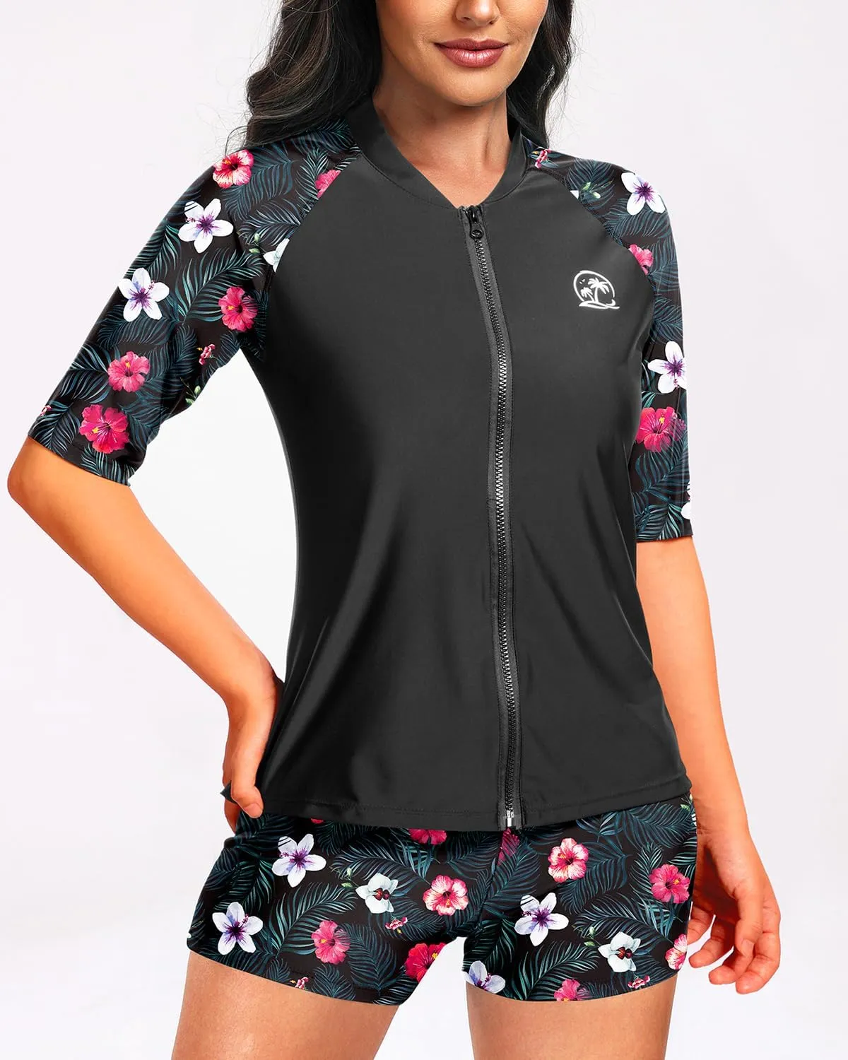 Holipick Women 2 Piece Rash Guard Short Sleeve Swimsuit with Shorts Full Zipper SPF Swim Shirts