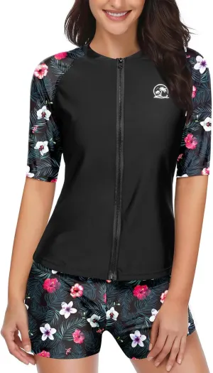 Holipick Women 2 Piece Rash Guard Short Sleeve Swimsuit with Shorts Full Zipper SPF Swim Shirts