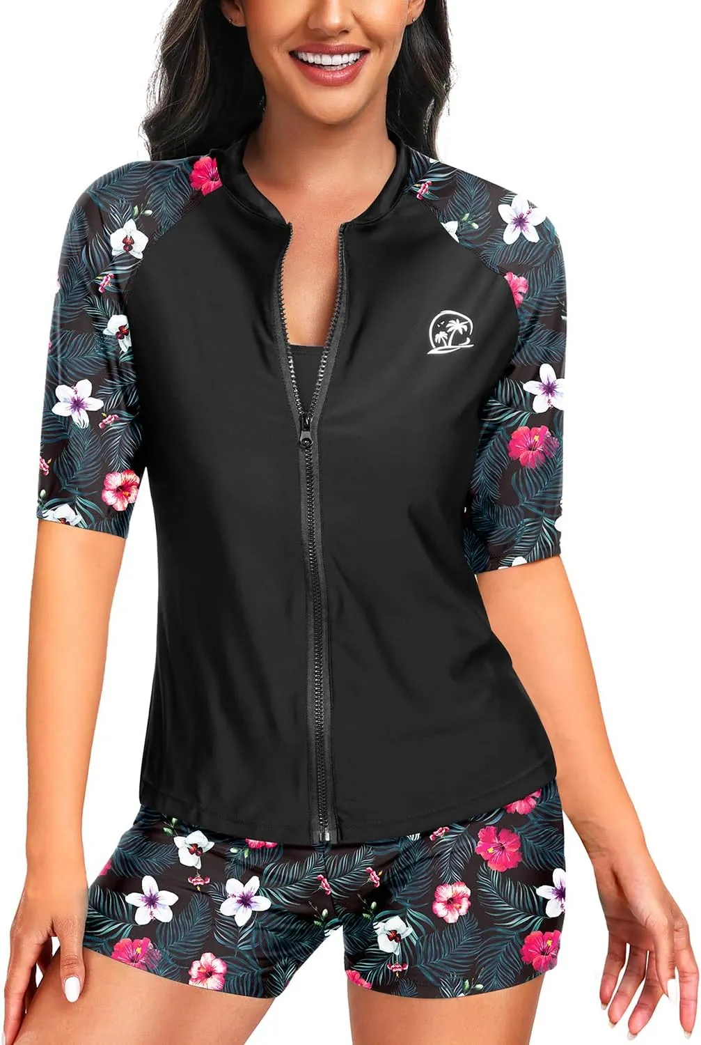 Holipick Women 2 Piece Rash Guard Short Sleeve Swimsuit with Shorts Full Zipper SPF Swim Shirts
