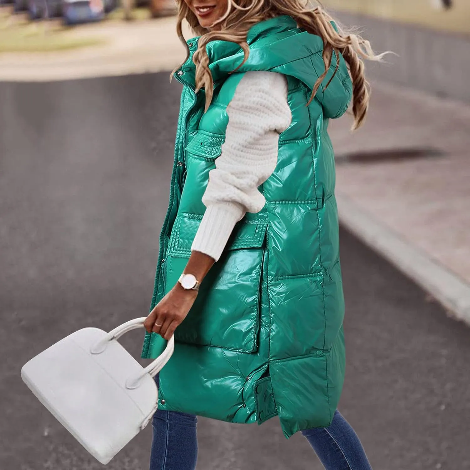 Hot Down Womens Vest Women Quilted Sleeveless Jacket Vest Hooded Thick Long Coat Winter Warm Womens Winter Jacket
