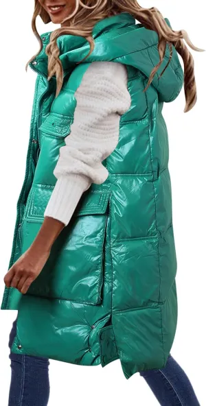Hot Down Womens Vest Women Quilted Sleeveless Jacket Vest Hooded Thick Long Coat Winter Warm Womens Winter Jacket