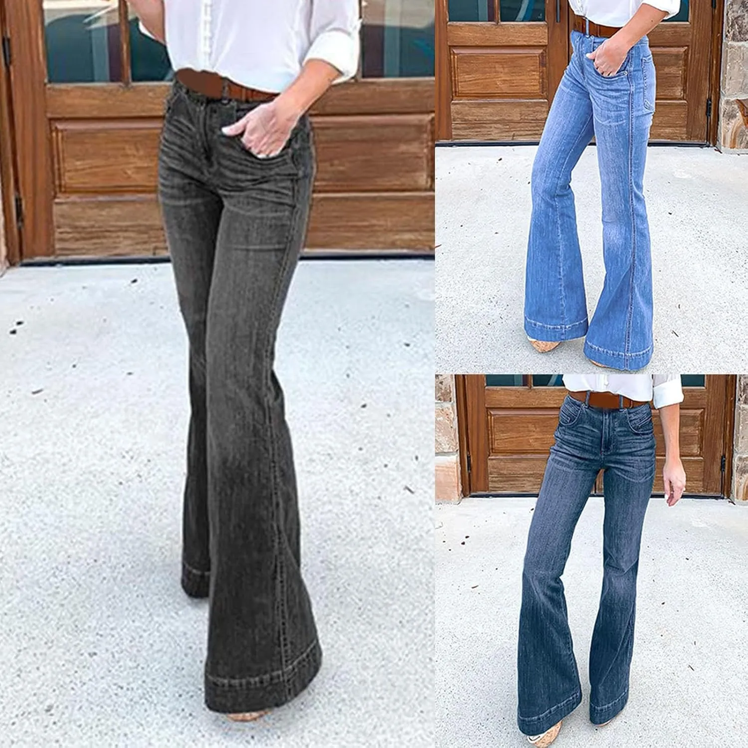 Jeans for Women Trendy Casual High Waisted Jeans Stretch Wide Leg Loose Denim Pants with Pockets