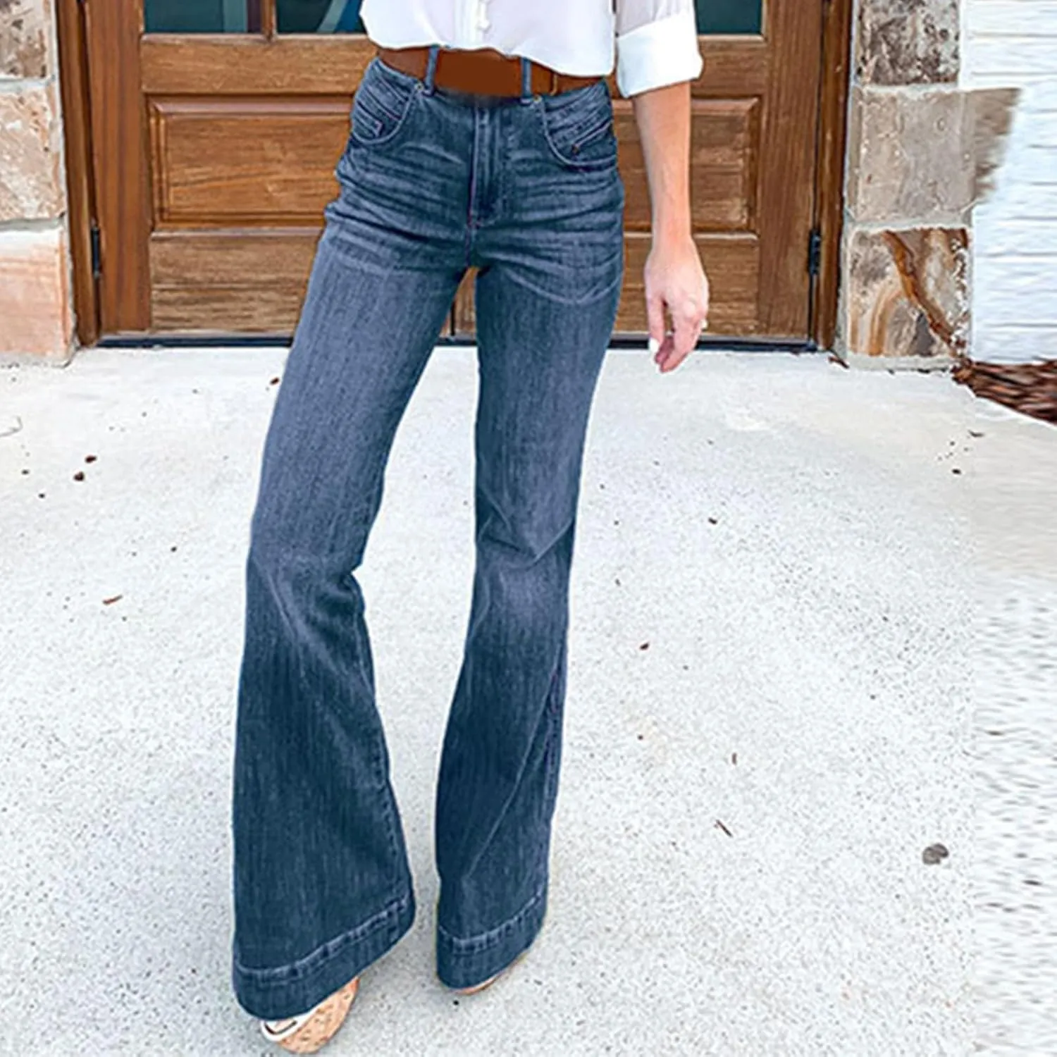 Jeans for Women Trendy Casual High Waisted Jeans Stretch Wide Leg Loose Denim Pants with Pockets