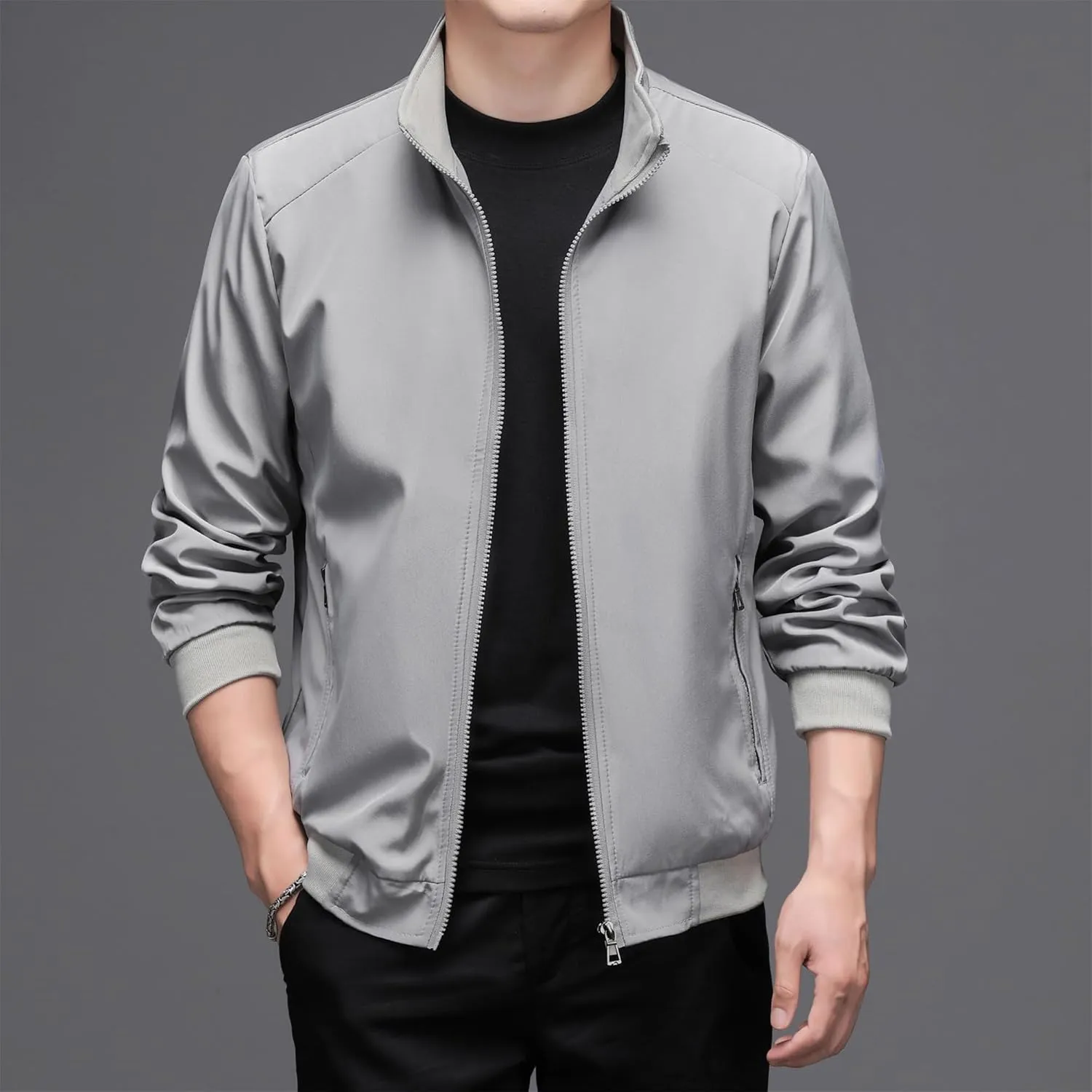JEsilunmaMY Men's Stand Collar Slim Bomber Jacket Full Zip Fleece Lined Casual Windbreakers Windproof Sportwear Padded Coats