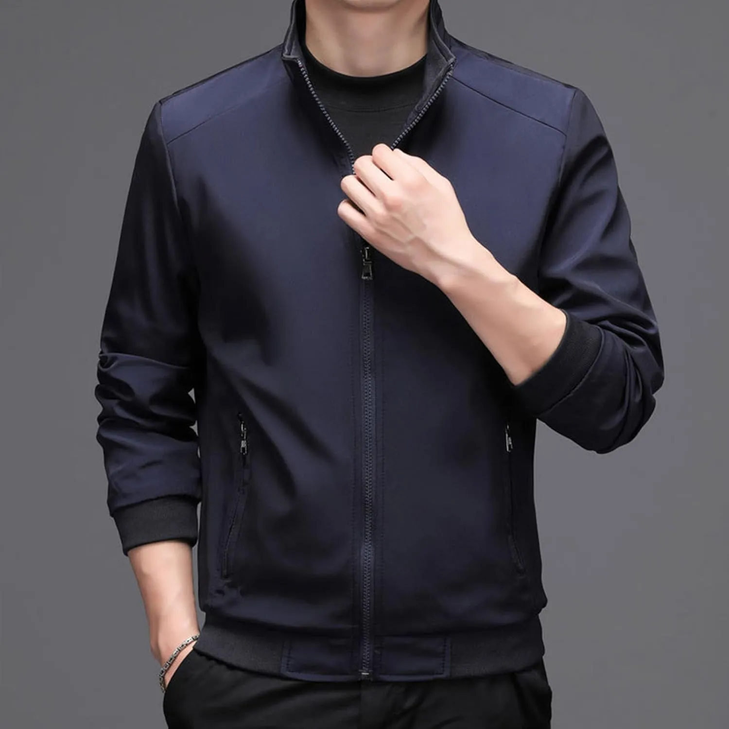JEsilunmaMY Men's Stand Collar Slim Bomber Jacket Full Zip Fleece Lined Casual Windbreakers Windproof Sportwear Padded Coats