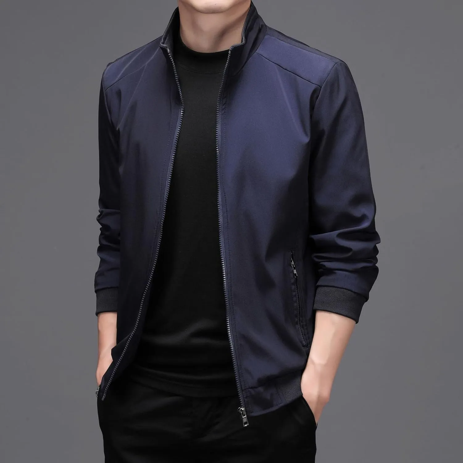 JEsilunmaMY Men's Stand Collar Slim Bomber Jacket Full Zip Fleece Lined Casual Windbreakers Windproof Sportwear Padded Coats