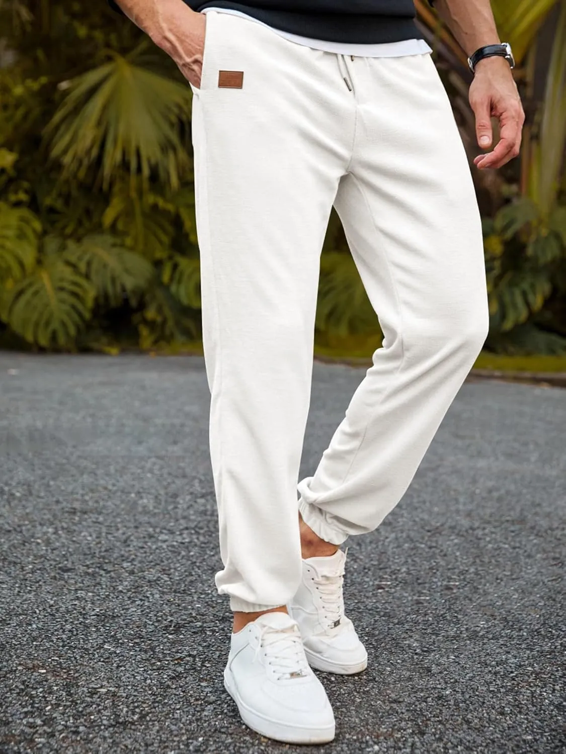 JMIERR Men's Waffle Sweatpants Stretch Waist Drawstring Casual Tapered Joggers Gym Pants with Pockets