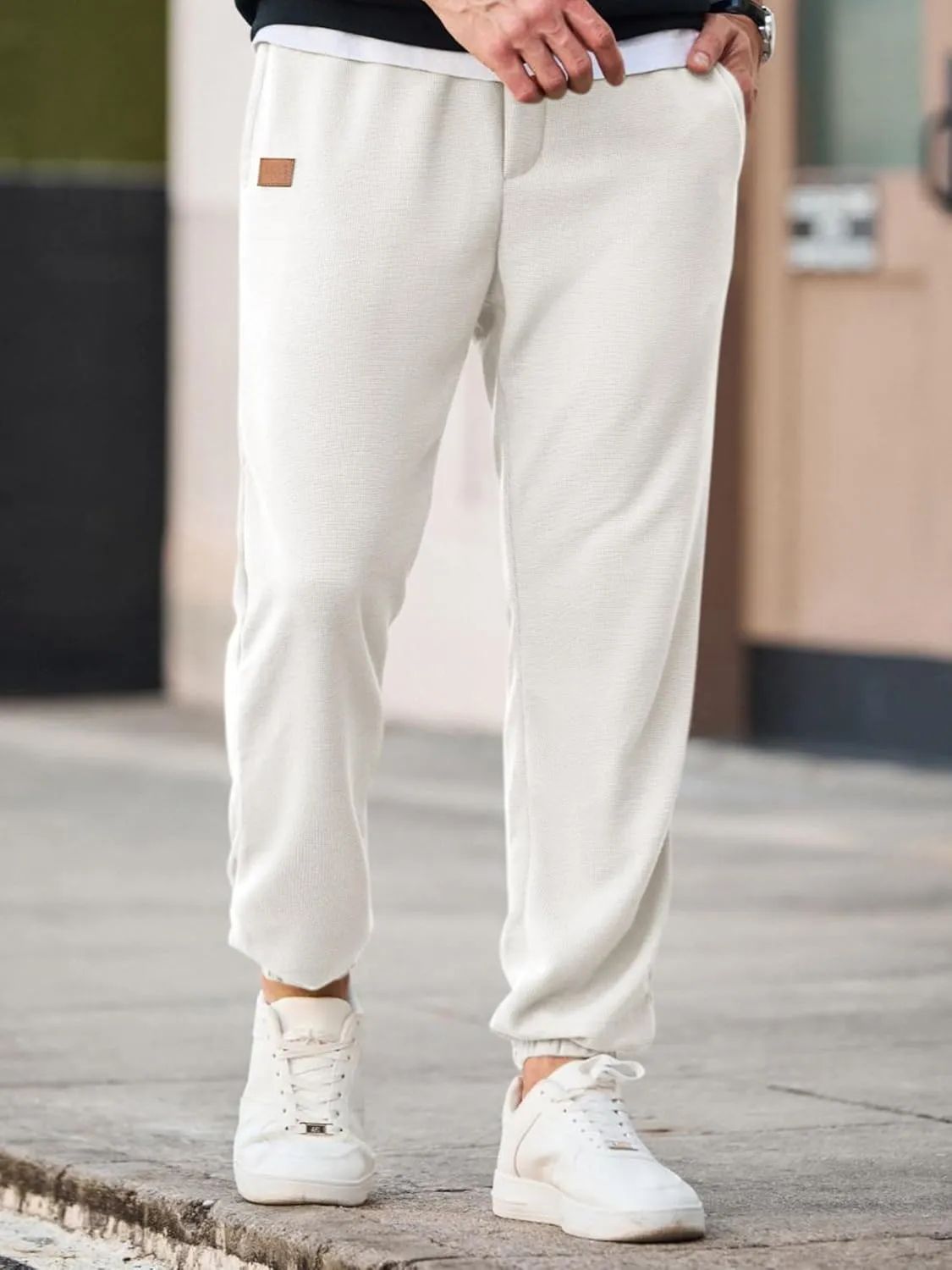 JMIERR Men's Waffle Sweatpants Stretch Waist Drawstring Casual Tapered Joggers Gym Pants with Pockets