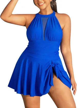 JOAU Womens Plus Size One Piece Swimsuit Tummy Control Halter Neck Tie Backless Bathing Suit Side Tie Knot Ruched Swim Dress