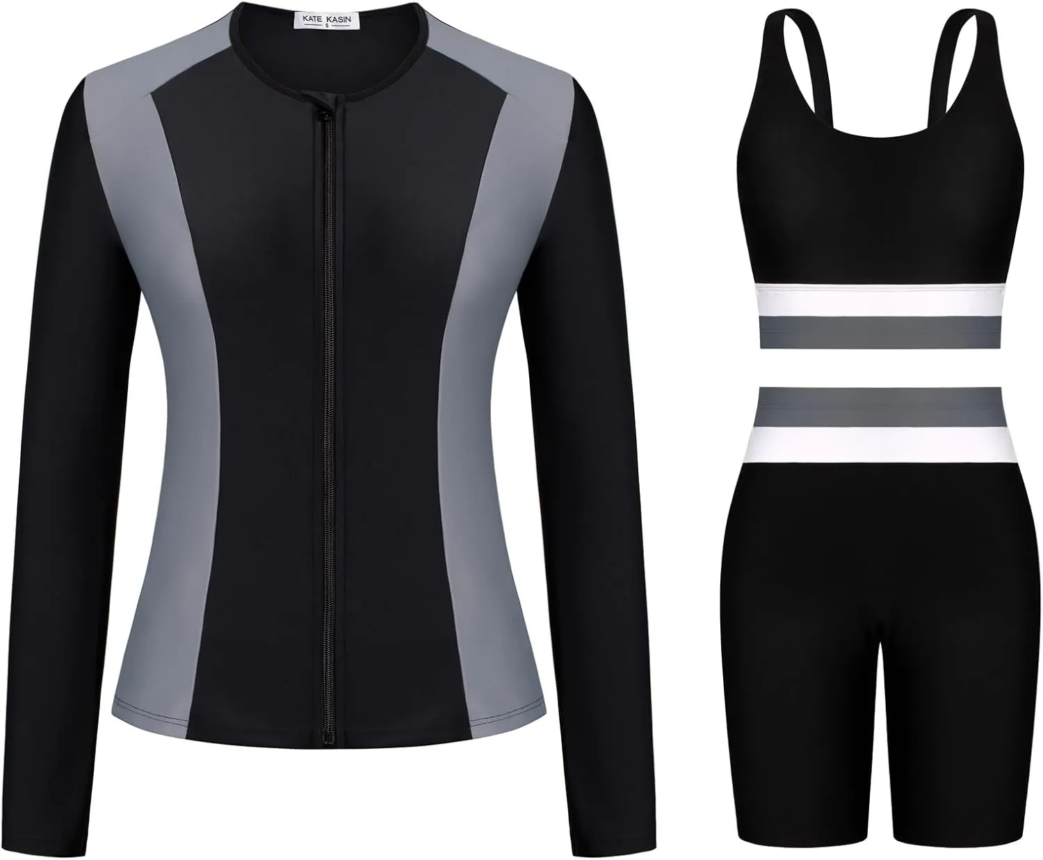 Kate Kasin Women's 3 Piece Rash Guard Long Sleeve Color Block Built in Bra UPF 50  Zip Up Swim Shirt with Boyleg Shorts