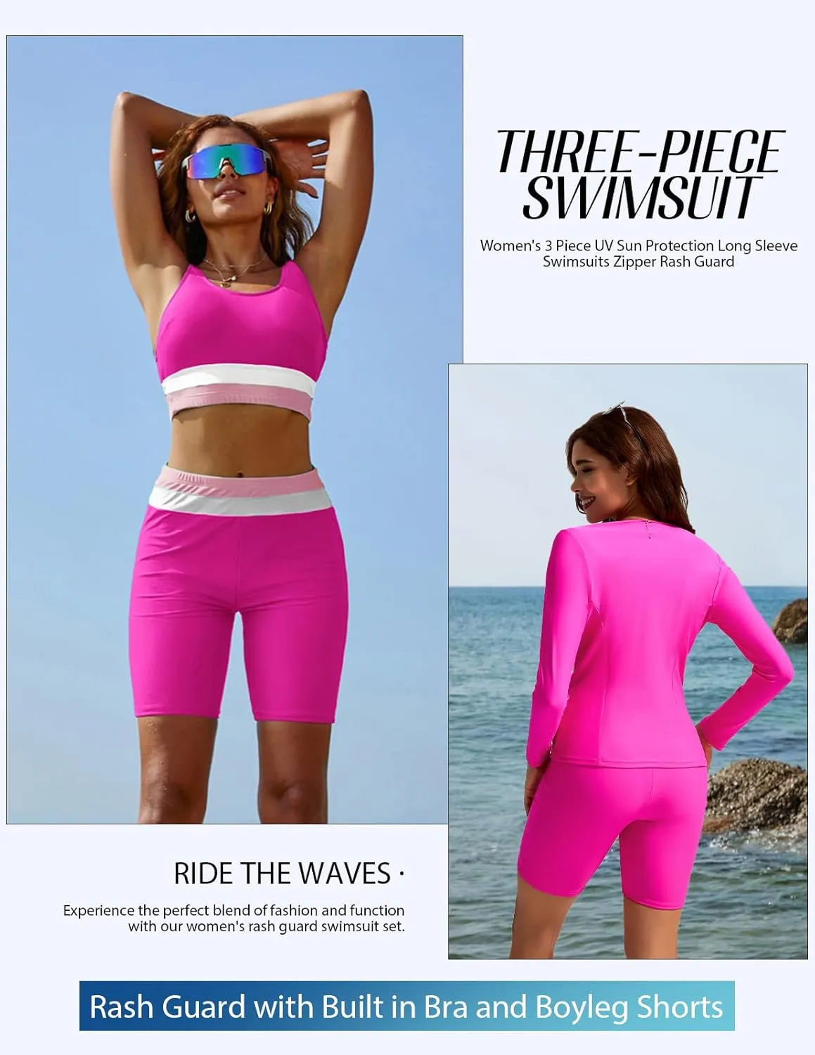 Kate Kasin Women's 3 Piece Rash Guard Long Sleeve Color Block Built in Bra UPF 50  Zip Up Swim Shirt with Boyleg Shorts