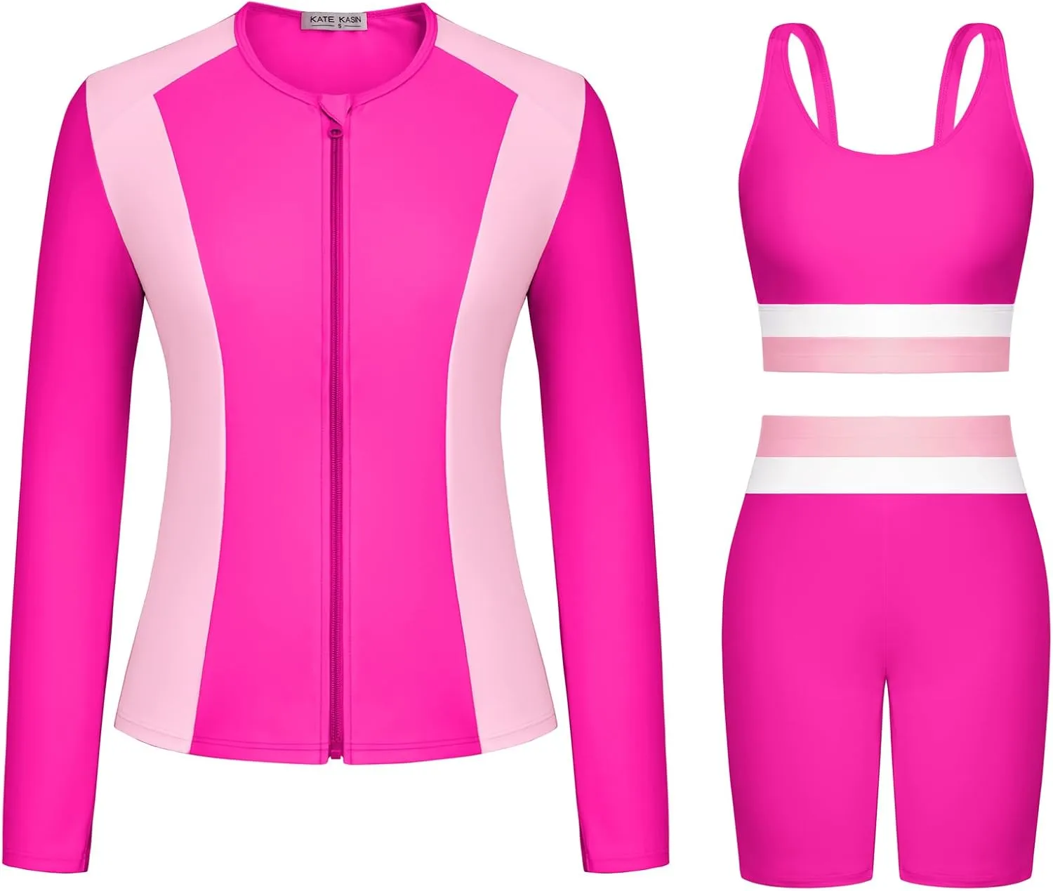 Kate Kasin Women's 3 Piece Rash Guard Long Sleeve Color Block Built in Bra UPF 50  Zip Up Swim Shirt with Boyleg Shorts
