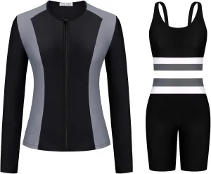 Kate Kasin Women's 3 Piece Rash Guard Long Sleeve Color Block Built in Bra UPF 50  Zip Up Swim Shirt with Boyleg Shorts