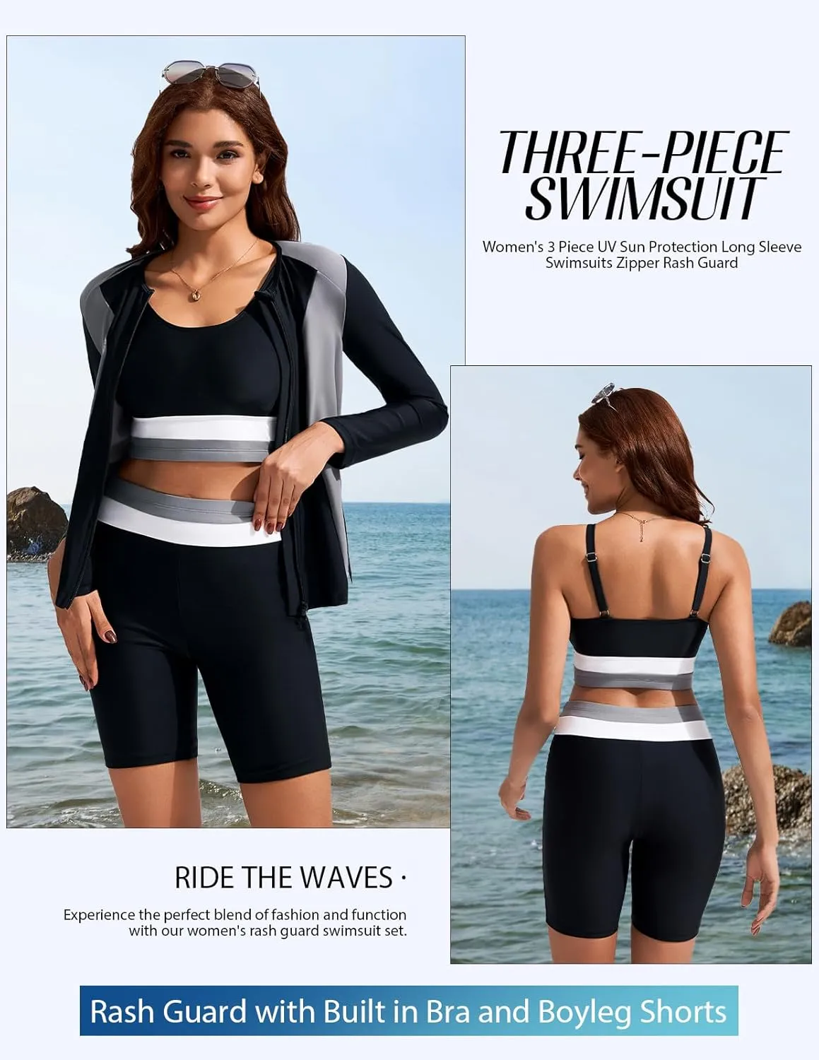 Kate Kasin Women's 3 Piece Rash Guard Long Sleeve Color Block Built in Bra UPF 50  Zip Up Swim Shirt with Boyleg Shorts