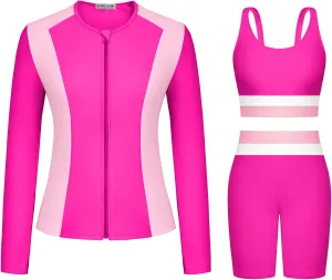 Kate Kasin Women's 3 Piece Rash Guard Long Sleeve Color Block Built in Bra UPF 50  Zip Up Swim Shirt with Boyleg Shorts