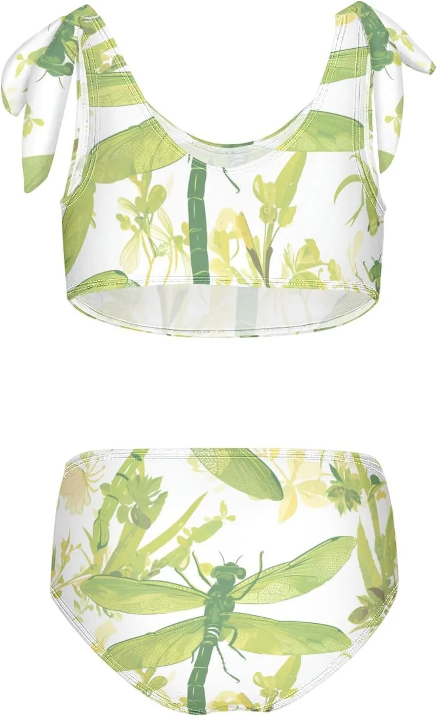 KLL Flying Green Dragonflies Flowers Girls 2 Piece Bikini Sets Quick-Dry Beach Swimwear Swimwear