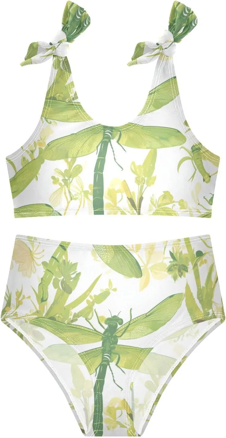 KLL Flying Green Dragonflies Flowers Girls 2 Piece Bikini Sets Quick-Dry Beach Swimwear Swimwear