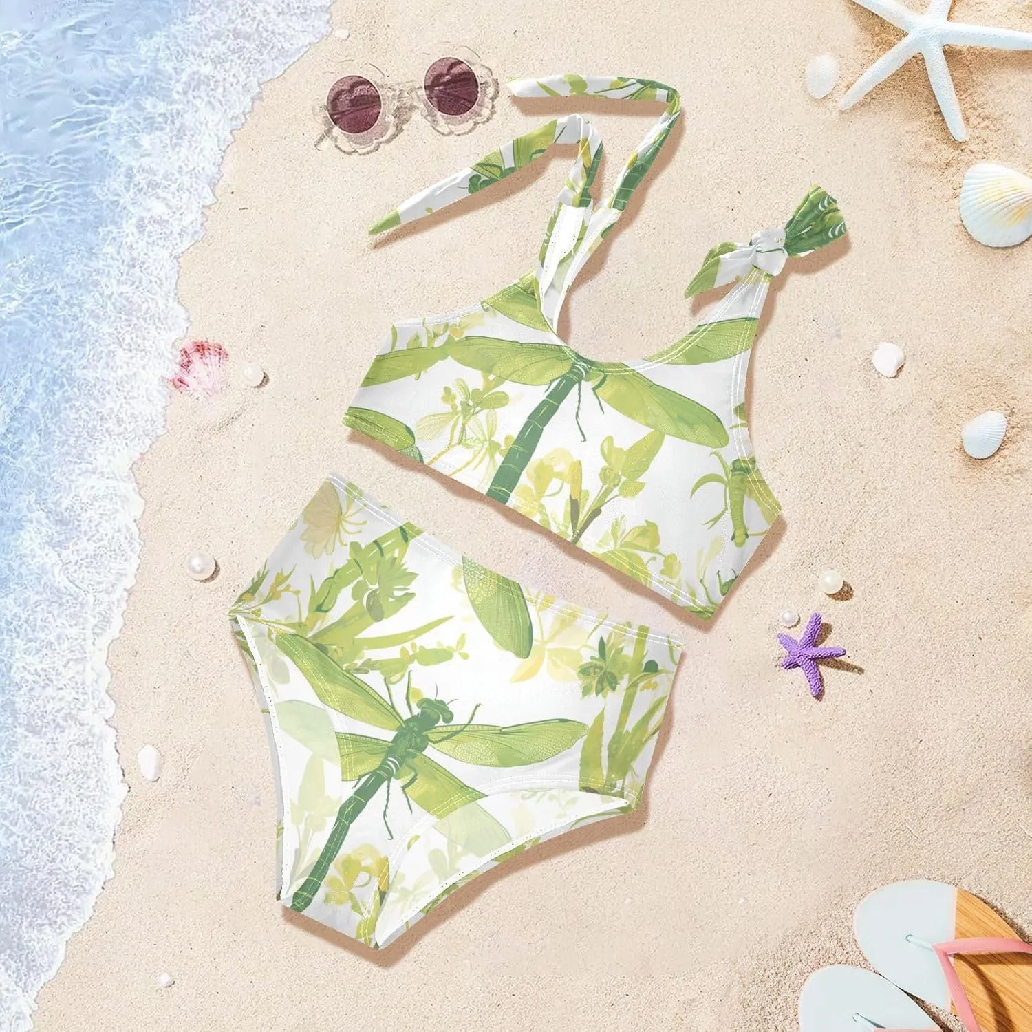 KLL Flying Green Dragonflies Flowers Girls 2 Piece Bikini Sets Quick-Dry Beach Swimwear Swimwear