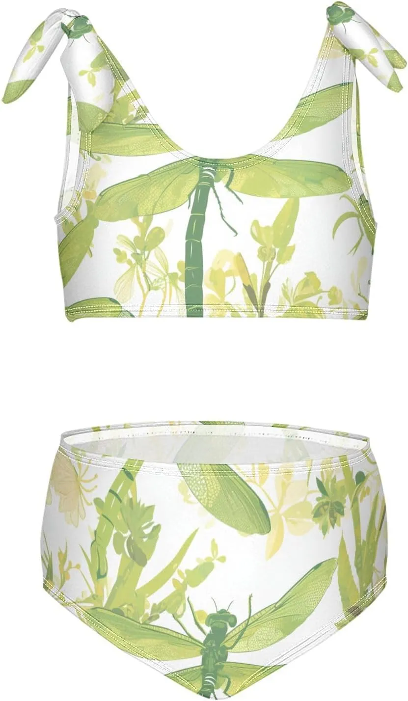 KLL Flying Green Dragonflies Flowers Girls 2 Piece Bikini Sets Quick-Dry Beach Swimwear Swimwear