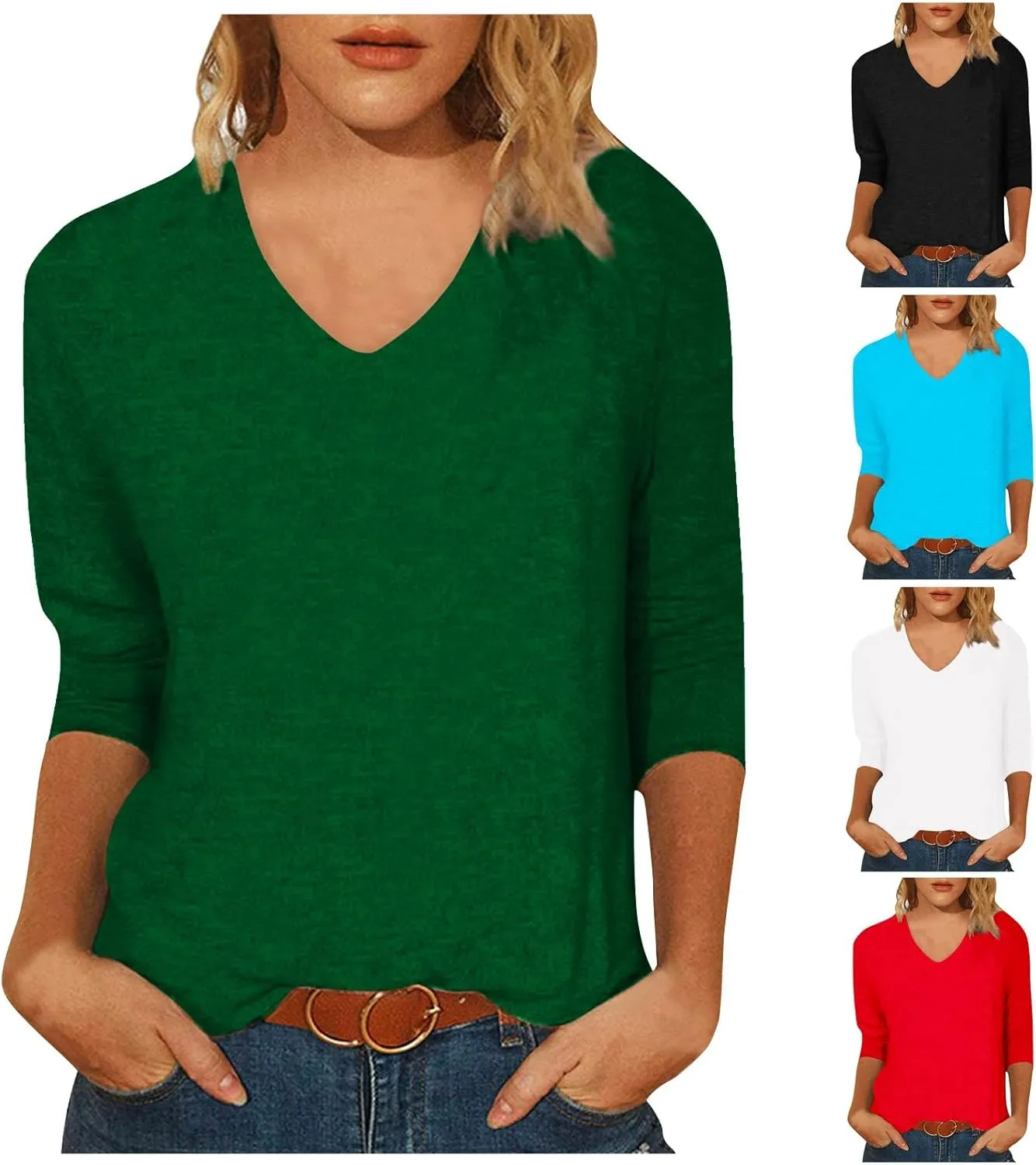 Ladies Tops and Blouses 3/4 Sleeve Basic Plain Tees for Women Wmens Casual Tops White Blouse Women's T-Shirts S-2XL