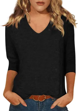 Ladies Tops and Blouses 3/4 Sleeve Basic Plain Tees for Women Wmens Casual Tops White Blouse Women's T-Shirts S-2XL