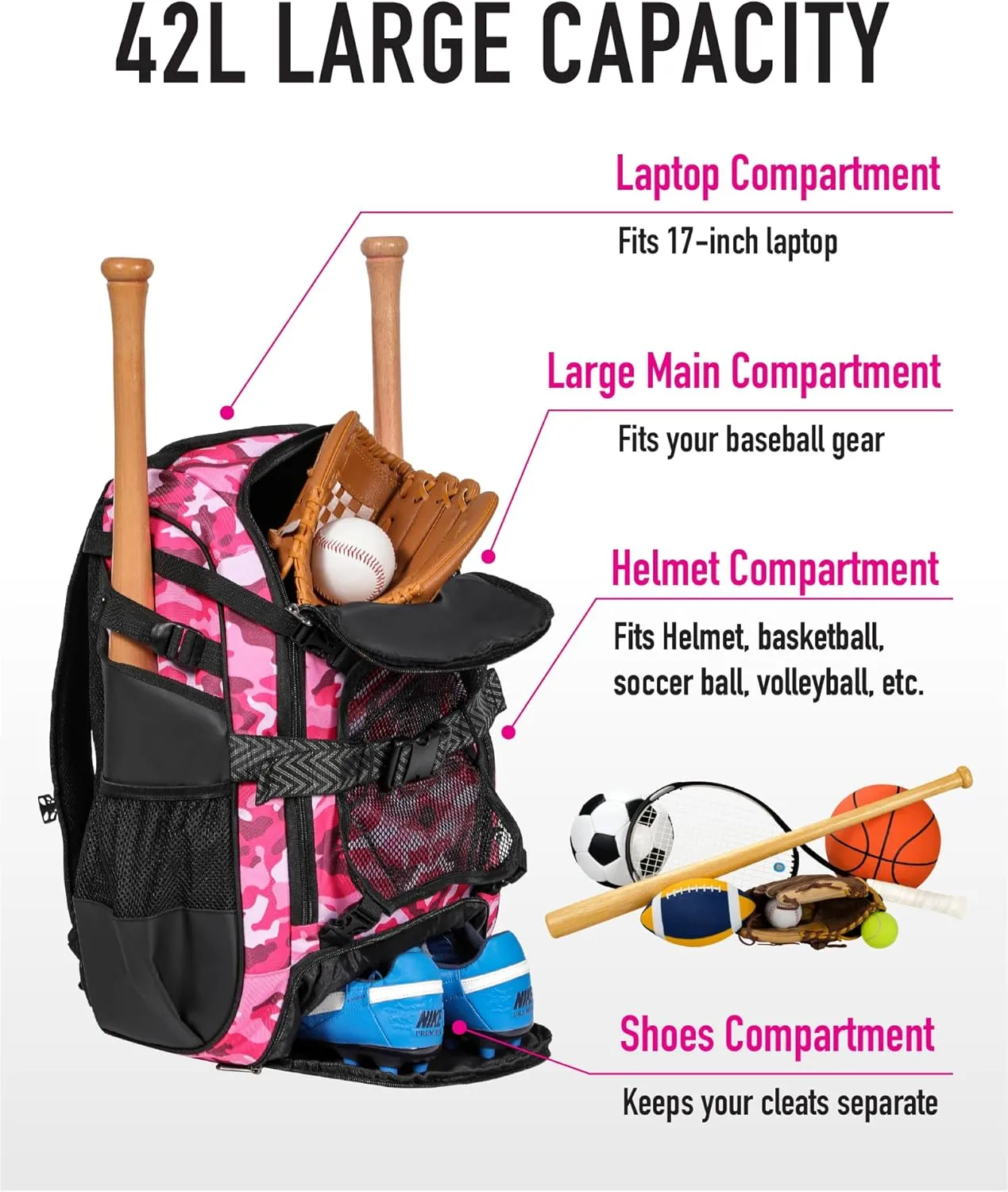 Large Baseball Backpack for Adult Youth 42L Softball Bat Bag with Detachable Adjustable Helmet Mesh Pocket Fit Basketball Soccer Volleyball Baseball Equipment Bag for Men Women 12  Boys Girls