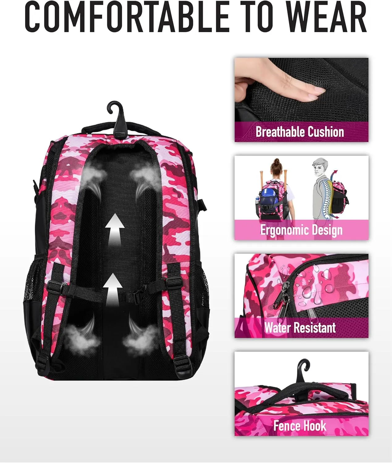 Large Baseball Backpack for Adult Youth 42L Softball Bat Bag with Detachable Adjustable Helmet Mesh Pocket Fit Basketball Soccer Volleyball Baseball Equipment Bag for Men Women 12  Boys Girls